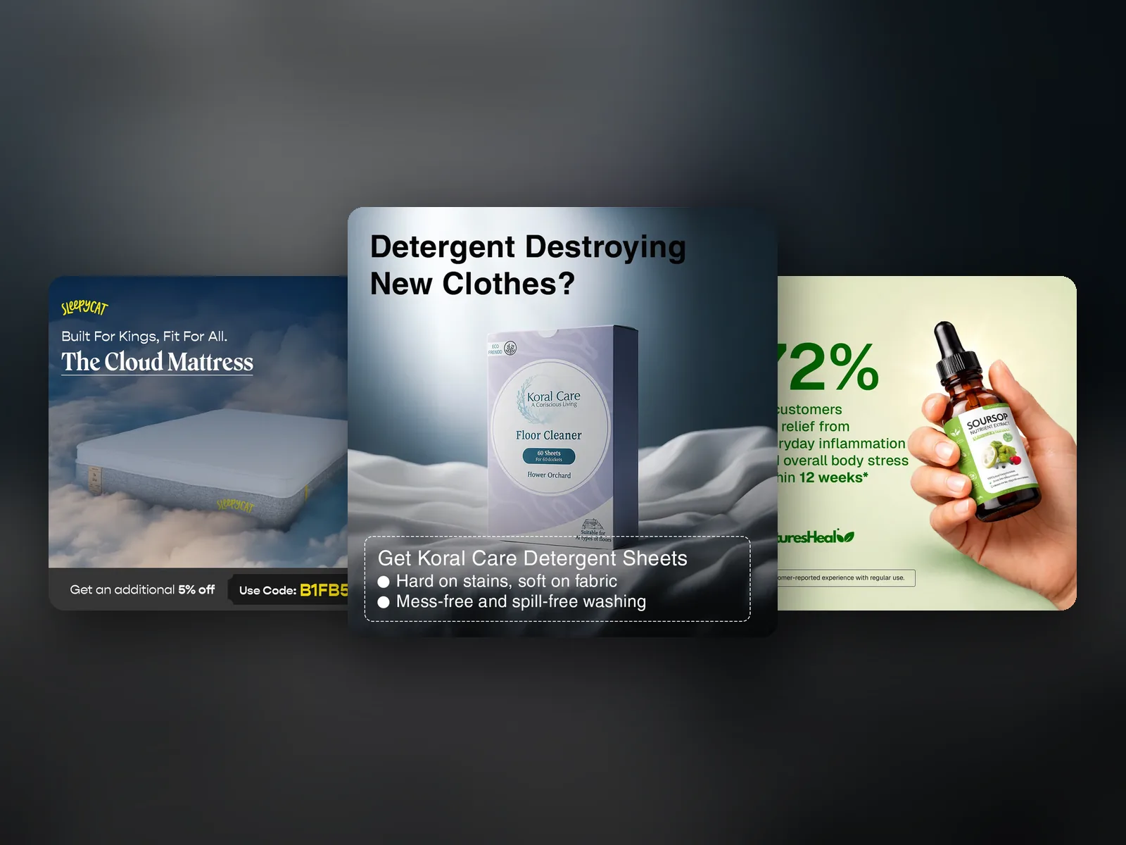 Products case study — SLEEPY CAT · KORAL CARE · SOURSOP